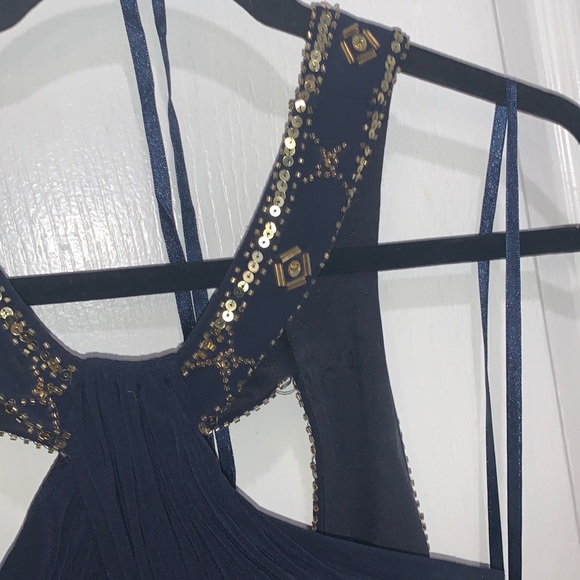 Laura Luxurious Dark Blue Long Dress Open Back with Gold Crystals - Picture 11 of 13